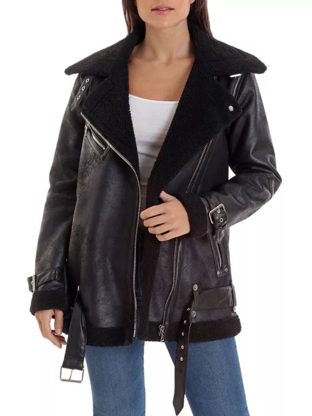 Avec Les Filles Faux Shearling-Lined Black Moto Jacket